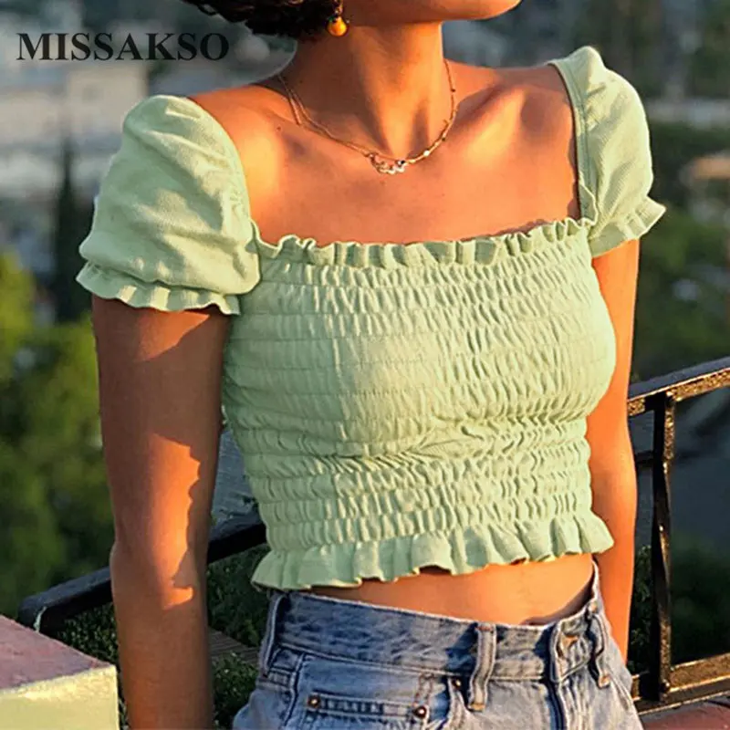 Однотонный летний укороченный топ Missakso с оборками модная женская футболка