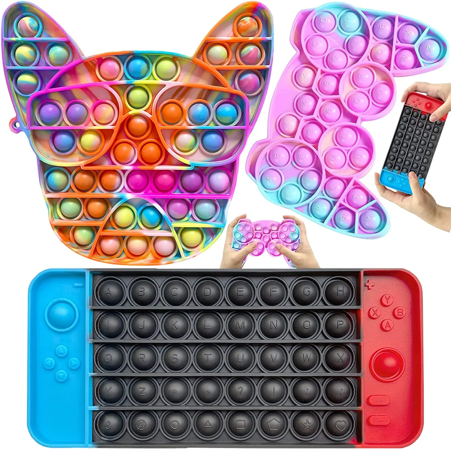 

3PCS Pop Fidget It Toy Pack, Push Popop Gamepad Tie Dye Game Board Pack Cheap, Cool Dog Push Bubble Fidget Sensory Toy