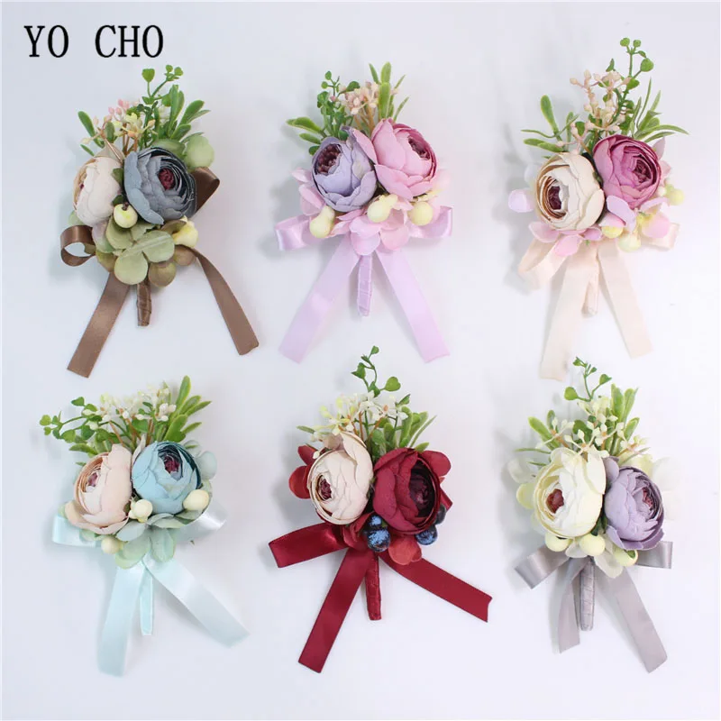 

YO CHO Groom Wedding Boutonniere Bride Wrist Corsage Drop Shipping Silk Rose Flower Burgundy Prom Party Meeting Wedding Supplies