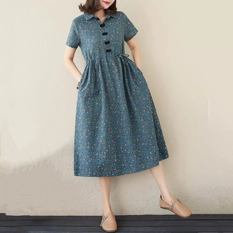 

Short Sleeve Cotton Linen Floral Pattern Vintage Dresses For Women Casual Loose Long Summer Dress Elegant Female Clothes 2021