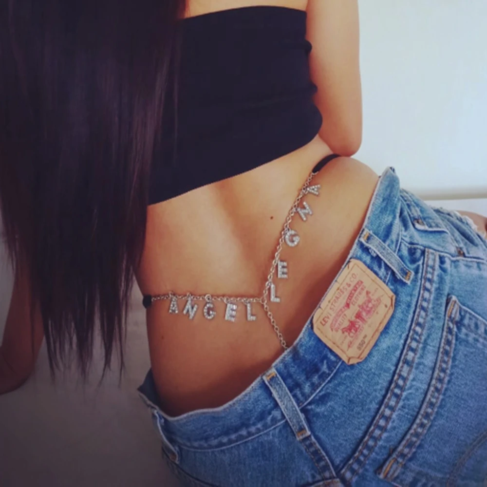 Индивидуальное нижнее белье с надписью и кристаллами на заказ цепочка для тела