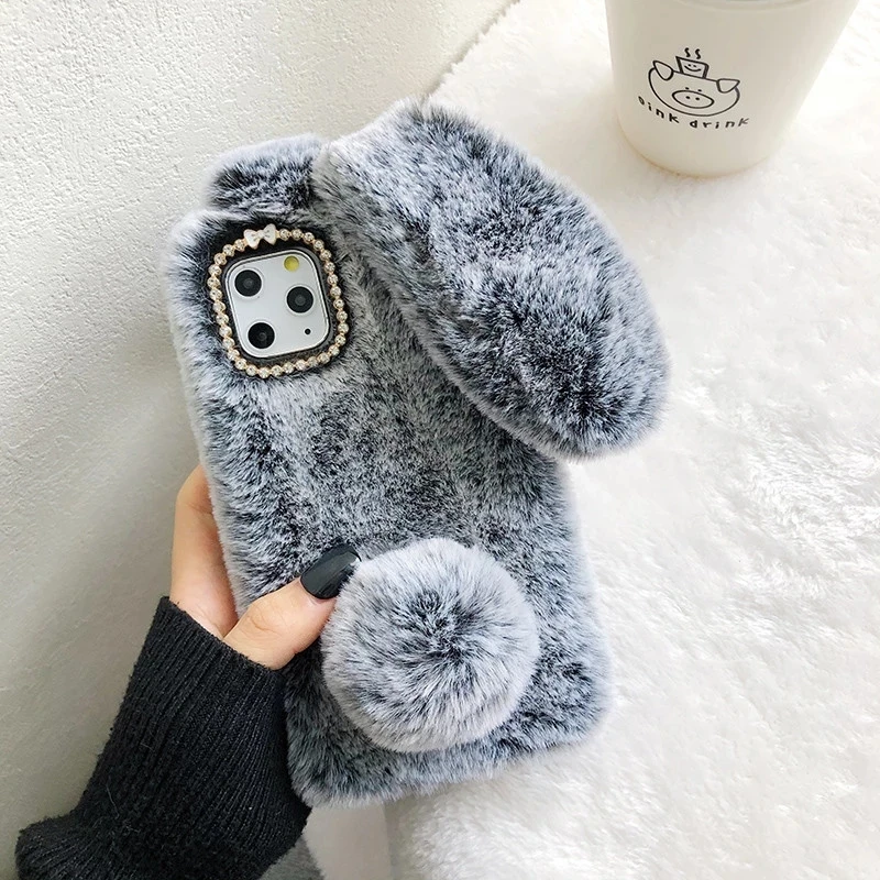 kowkaka cute rabbit ears fur plush phone shell for iphone 13 12 mini 11 pro max xs max xr x se 2020 6s 7 8 plus warm plush case free global shipping