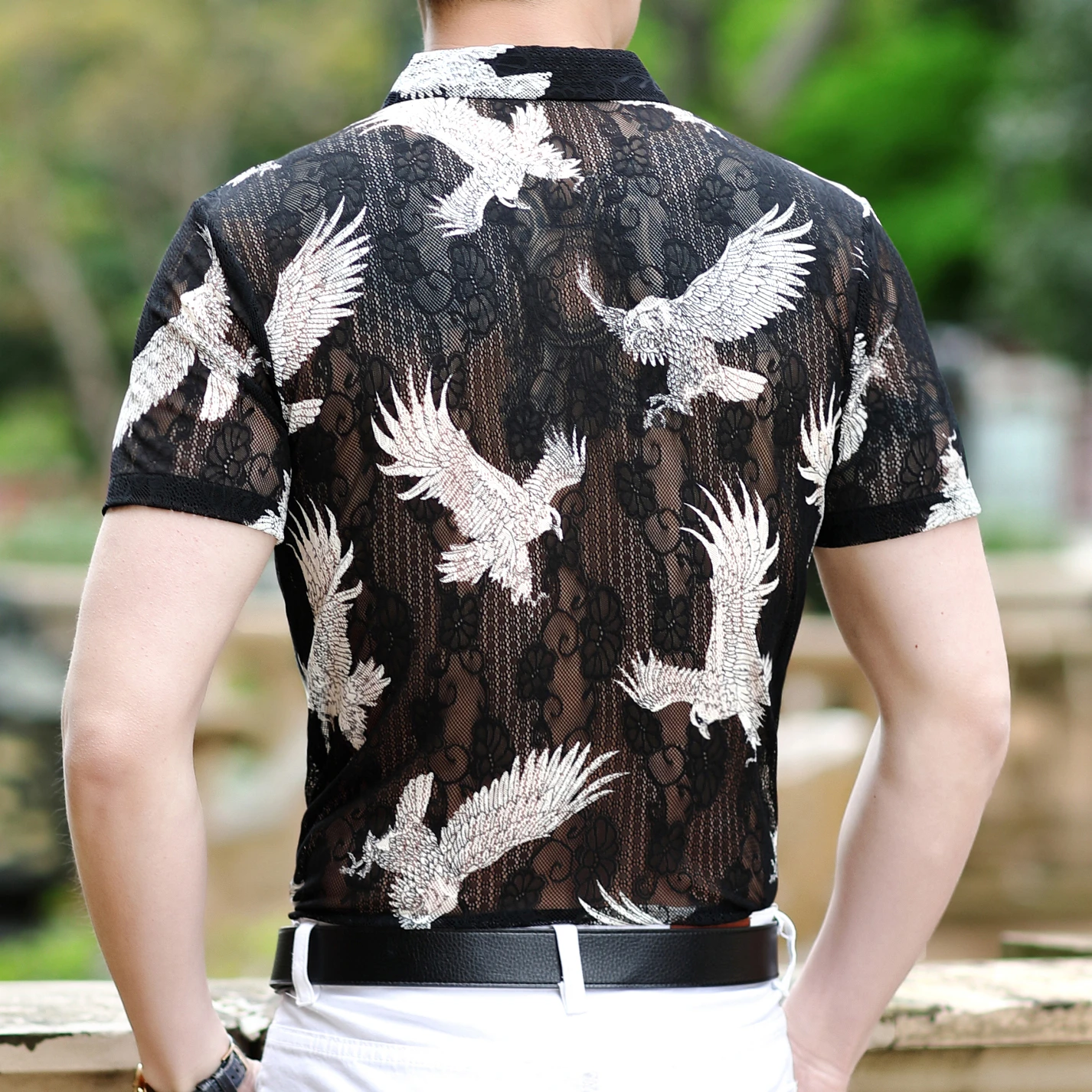 Белая кружевная рубашка с орлом сексуальная прозрачная Мужская Клубная летняя