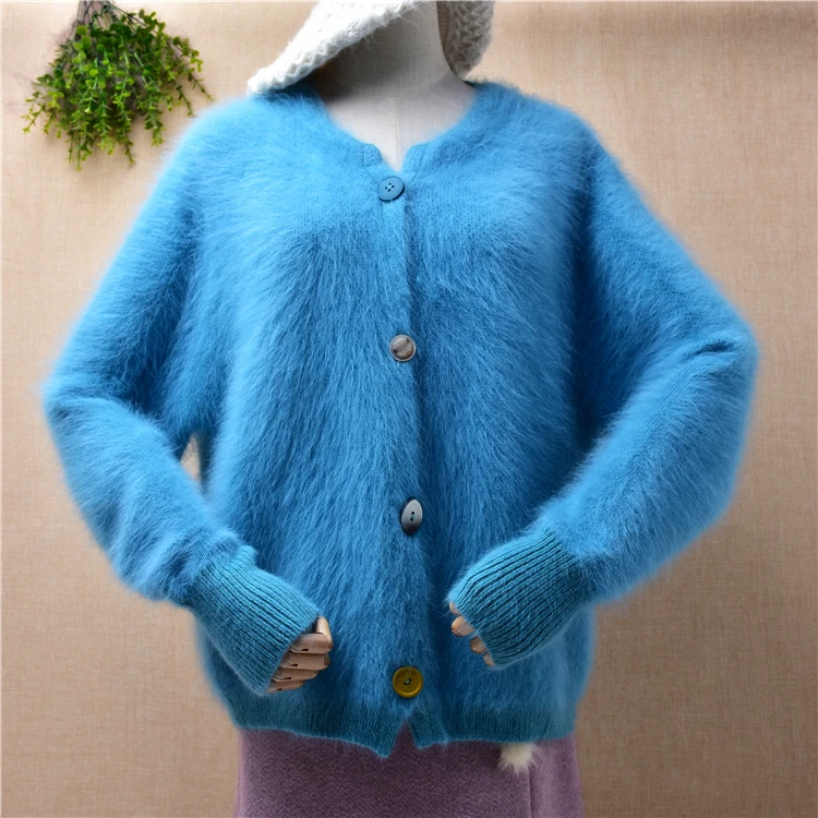 

ladies women autumn winter blue hairy mink cashmere knitted long sleeves loose cardigan angora fur jacket coat sweater pull tops