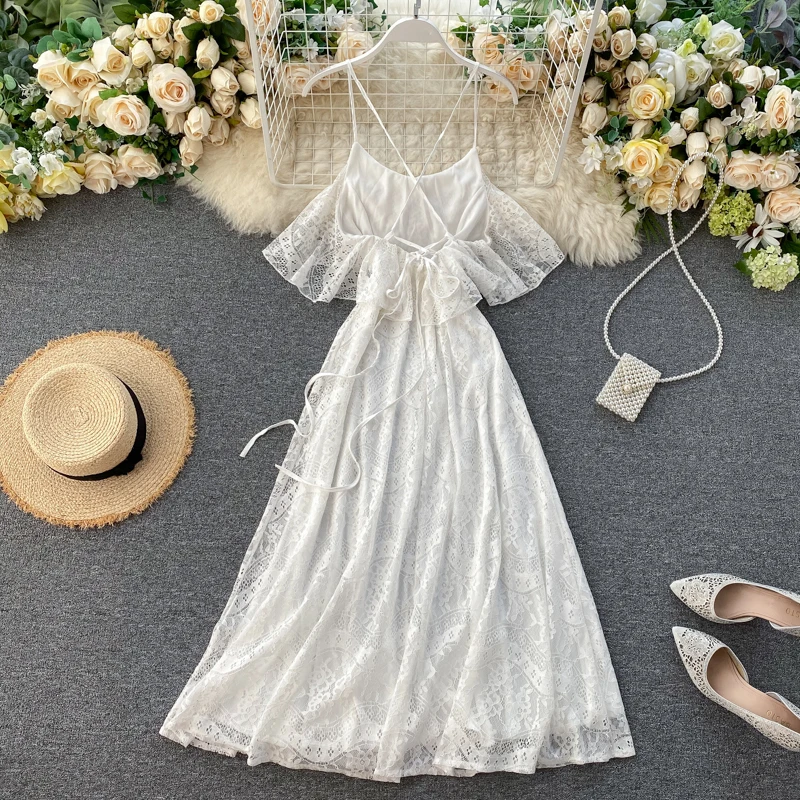Платье женское пляжное в стиле бохо длинное кружевное платье без рукавов для