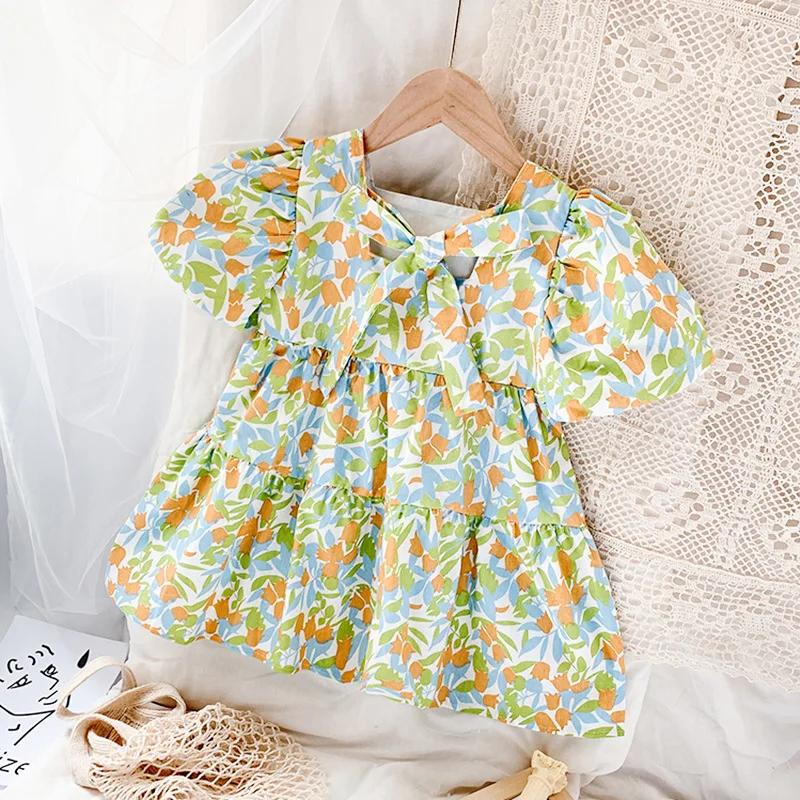 

Girls Dress NEW Summer Puff-Sleeve Floral Printed Princess Party Dress Fashion Toddler Kids Clothes