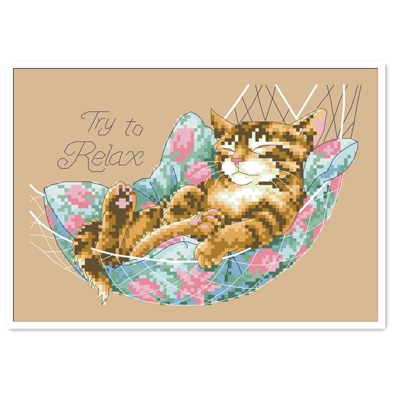 

Try to Relax cross stitch package animal cat sleep 18ct 14ct 11ct flaxen linen cotton thread embroidery DIY handmade needlework