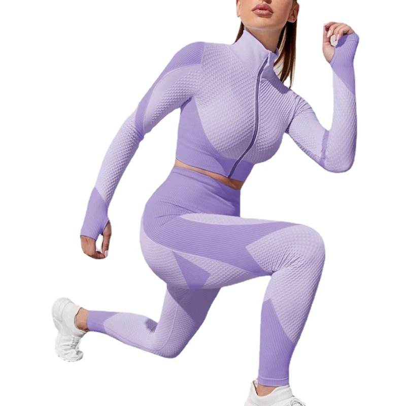 Бесшовный Женский комплект для йоги, укороченный топ на молнии с длинным рукавом, леггинсы с высокой талией, спортивные костюмы, спортивная ...