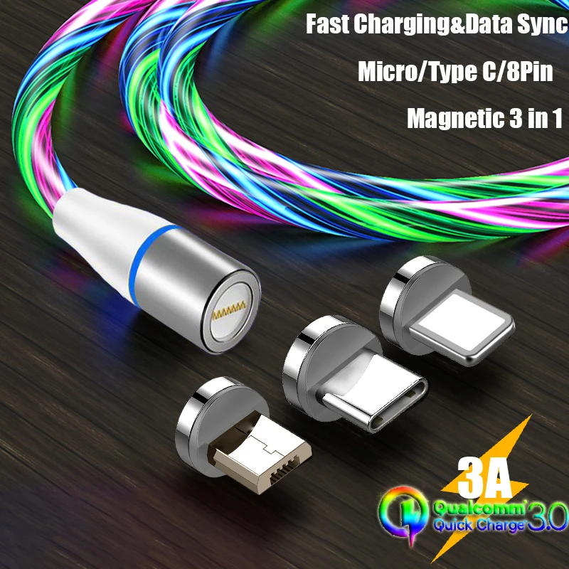 

Upgrade 3A Magnetic USB Cable LED 3 In 1 Phone Cable Magnet Micro USB C Type-C Charger Cord for Samsung Xiaomi Huawei Honor ZTE