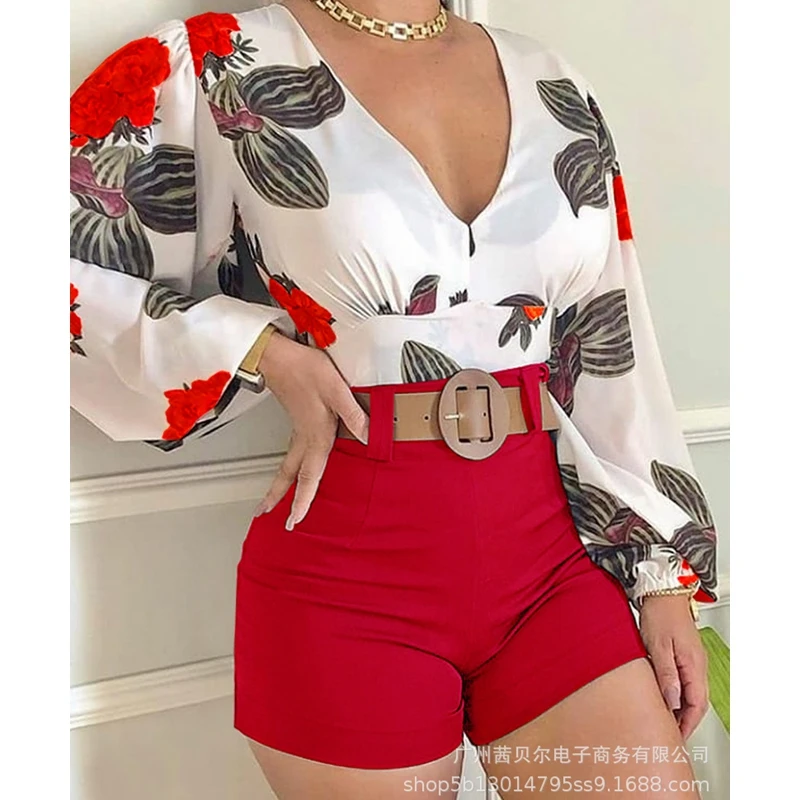 

WEPBEL Women's Casual Printed Slim Suit Summer Fashion Long Sleeve V-neck T-shirt + High Waist Straight Shorts Suit