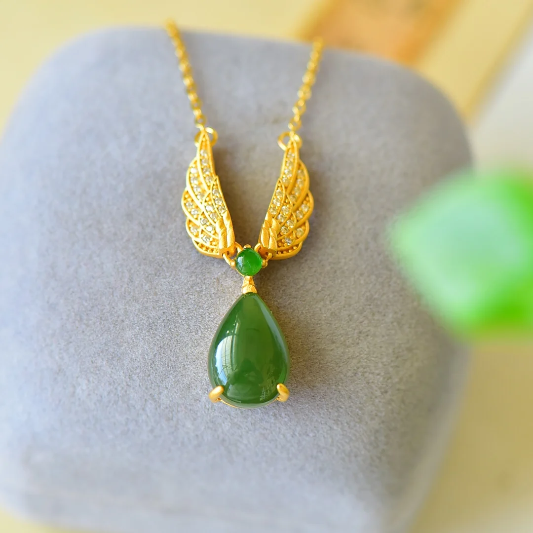 Женское ожерелье из серебра 925 пробы с нефритовым нефритом И крыльями ангела