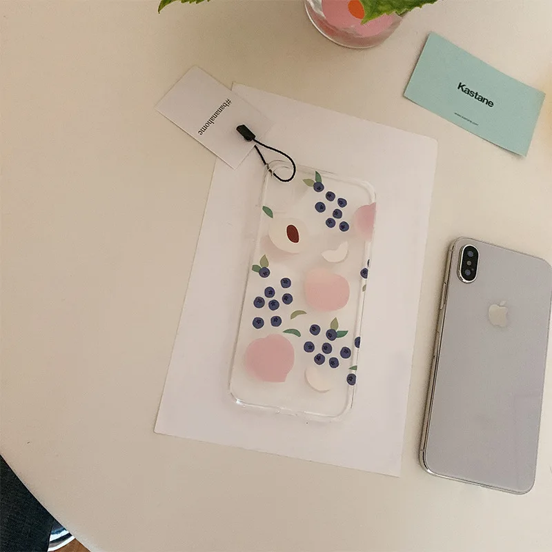 Summer fruit pink peach blueberry Korean girl phone case for coque iPhone 7 8 6 s plus XS max silicon For iphone cover X XR |