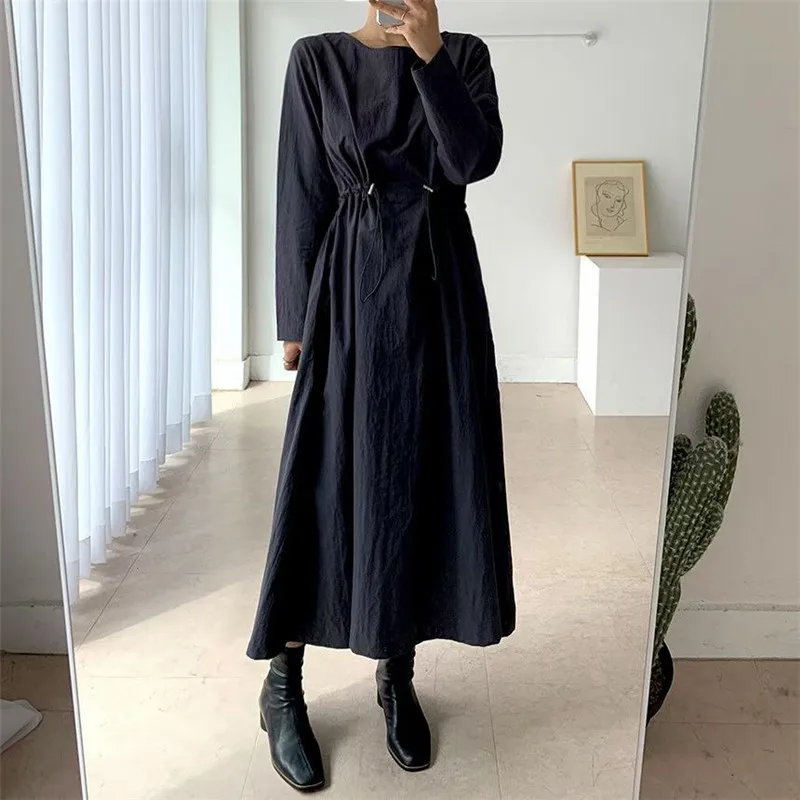 

High waist drawstring design pleated puff sleeve dress