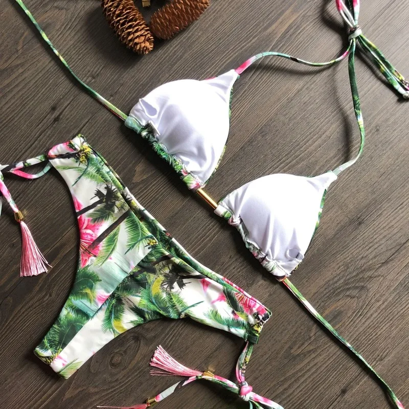 

2021 Summer Print Flowers Leopard Swimsuit Sexy Bathing Suit Swimwear Fashion V Waist 2 Piece Set Women Viquinis Mujer Bikini