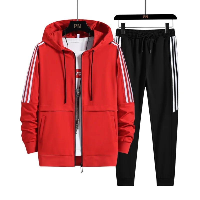 

Men Tracksuits Hoodie+Sports Pants New Male Clothing Two Piece Set Fashion 3 Stripe Sportswear Coat Sets Hot Sale Casual Suit