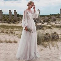 a line boho tulle wedding dresses 2021 lantern sleeve lace applique beach bridal gown formal country bohemian long wedding dress
