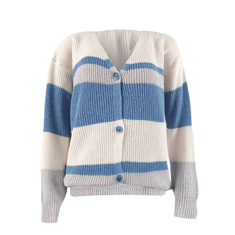

2021 New Women's Soild Sweater Winter Women's Long Sleeve Knitted Casual V-neck Pullover New Stitching Button Striped Sweater