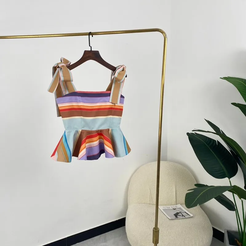 

2021 Summer High Street Ladies Fashion Top Quality Sleeveless Rainbow Striped Tail Swing Tops with Shoulder Bandage