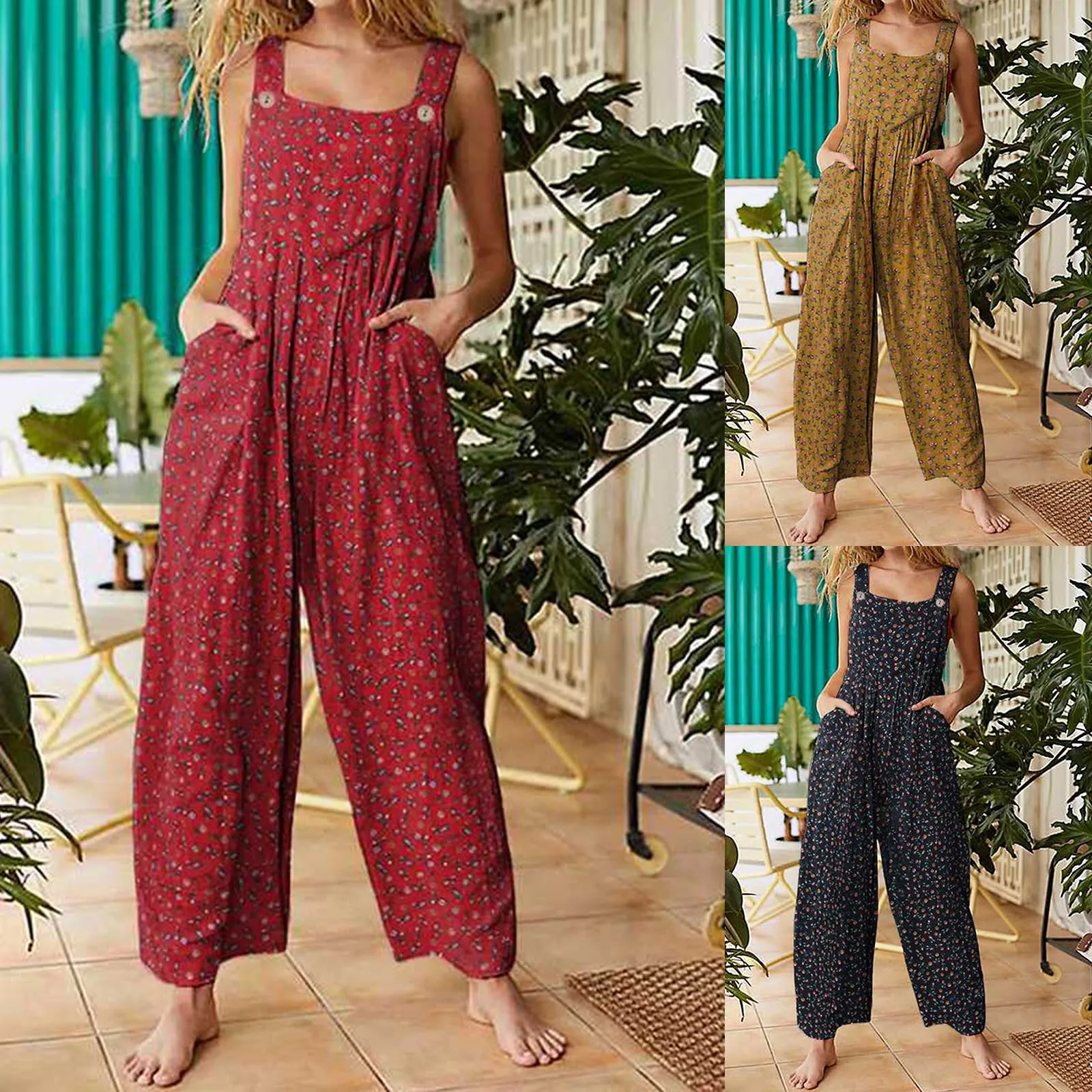 

Jumpsuits Women Overalls Floral Print Straps Jumpsuit Wide Leg Pants with Pockets Long Holiday Summer Overalls Plus Size Rompers