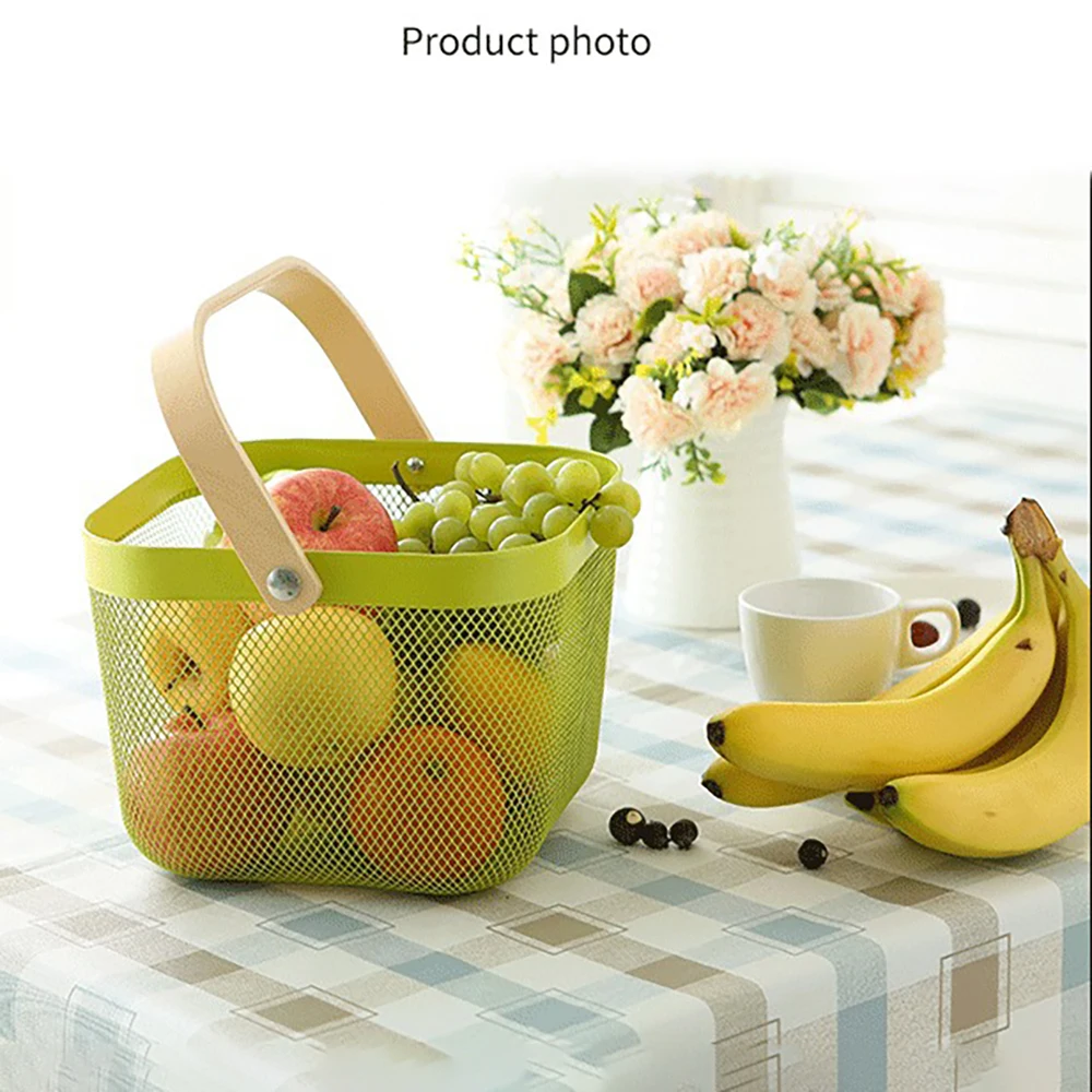 

Wrought Iron Basket with Wood Handle Household Fruit Vegetables Sundries Handheld Storage Basket Kitchen Bathroom Organizer