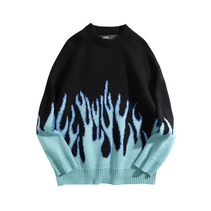 

Harajuku Female Hip-Hop Ladies Sweater Flame Jacquard Women's Sweater Traf Pullover Knit Top Loose Men's Sweater 2021 New