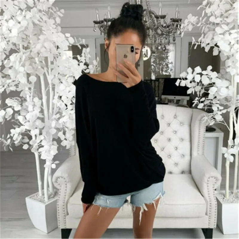 

Women Slash Neck T-shirts Sexy Off Shoulder Long Sleeve Tops Solid Color T-Shirt Lady Korean Punk T-shirt Camiseta Feminina Tops