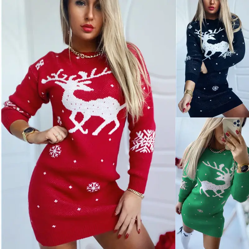 

Xmas Dress Women Green Knitted Sweater Dress Ugly Elk Slim Stretchy Long Sleeve Mini Dresses Sexy Homewear