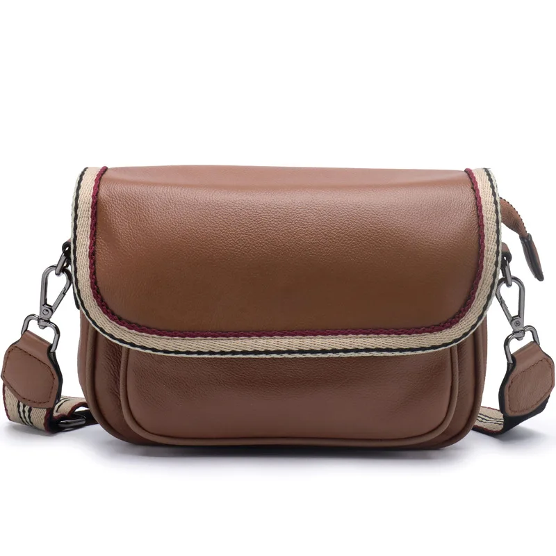 

2021 First Layer Cow Leather Women Messenger Bag Small All-match Coffee Female Crossbody Bag Wide Strap Ladies Shoulder Bag
