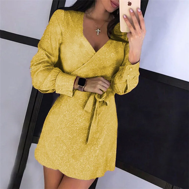 

Slim-fit V-neck Sequin Sexy Dress Gown New Women Lace-up Glitter Mini Party Solid Color Autumn New Office Lady Vintage Club Robe