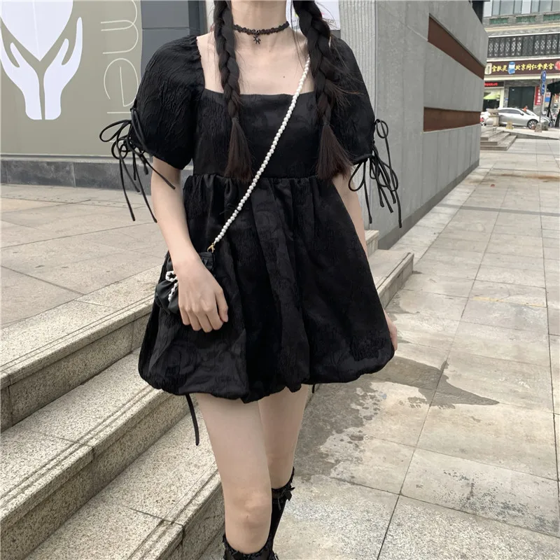 

Vintage Sweet Cute Black Women Dress Gothic Pettiskirt Short Sleeve Square Collar Lace Up Bandage Lolita Dresses 2021 Summer New