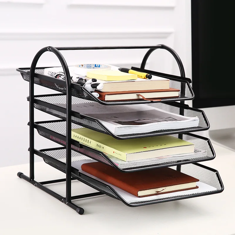 

4 Tiers Desk Organizer Tray Office A4 Paper Metal Mesh Desktop Paper Letter Tray Rack Home Office School Files