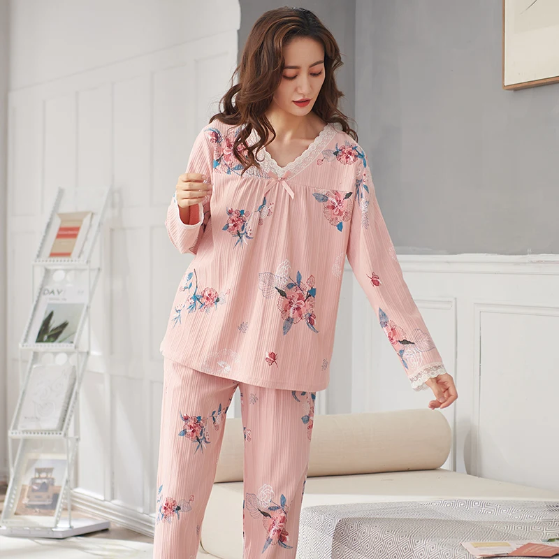 New Autumn Knitted Cotton Women Pajamas Set Floral Sleepwear Long Sleeve Casual Soft Loose 3XL Female Homewear Clothes