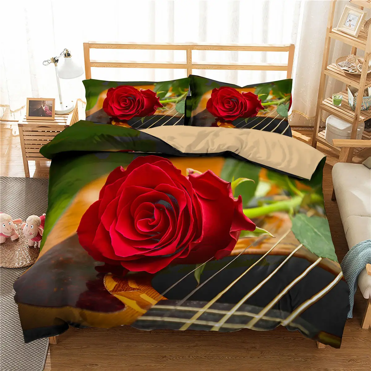 

oentyo Red Rose Flower Bedding Sets 2/3 Pcs King Queen Sizes Beautiful Duvet Cover Set Print Comforter Sets Bed Linen Sets
