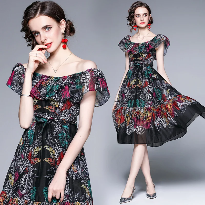 

Women's New off-Shoulder Ruffle Summer Leaf Print Temperament Waist Slim-Fit Big Swing Dress