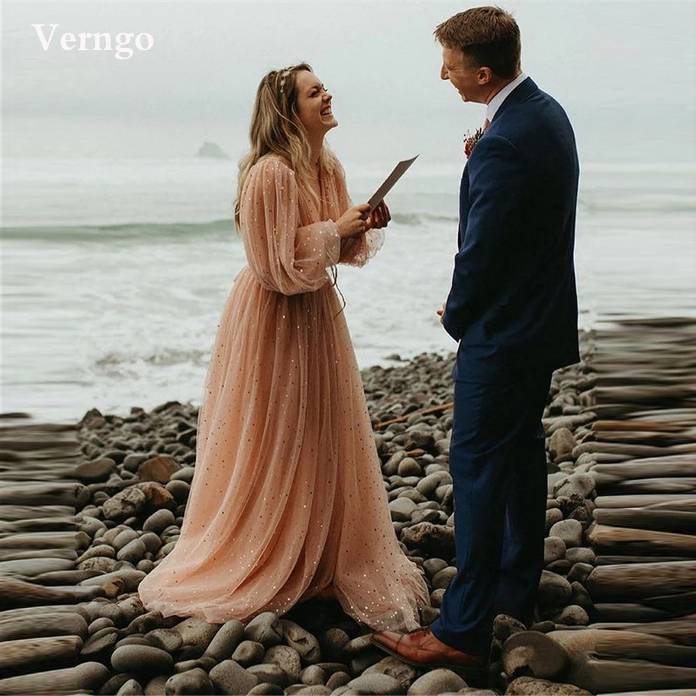 

Verngo Sparkly Blush Pink Tulle Star Prom Dresses V Neck Puff Long Sleeves Floor Length Evening Gowns Women Beach Robe de soiree
