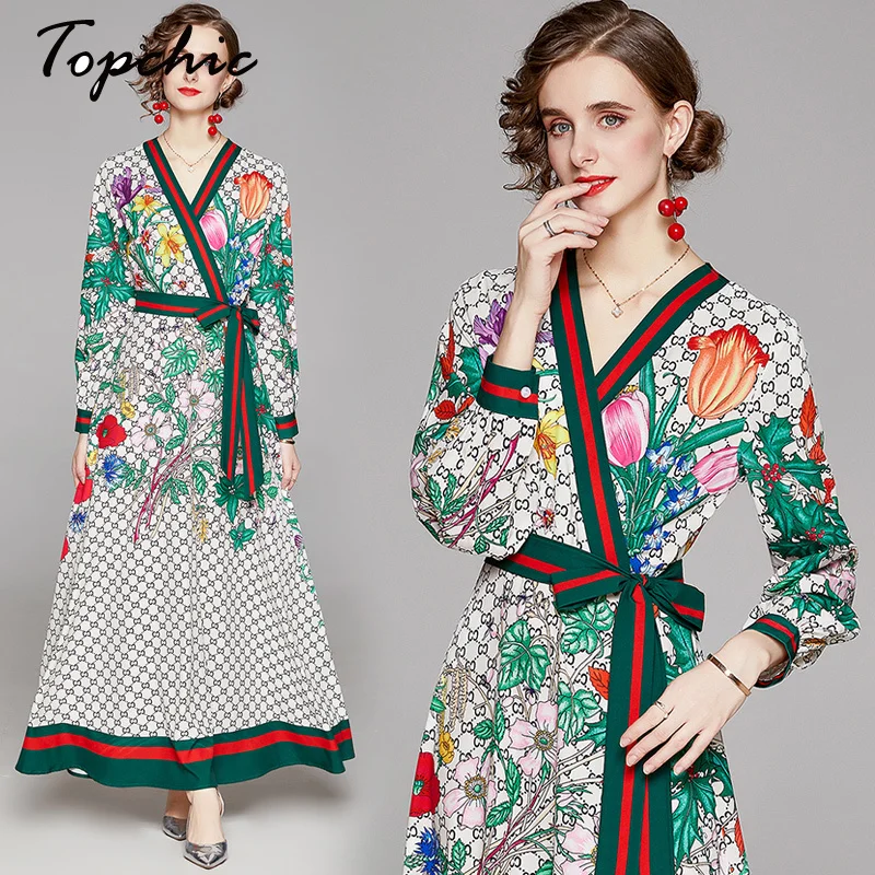 

European Runway Designes Printed Pleated Maxi Dresses for Women 2021 Spring Autumn Elegant V-neck Long Sleeve Dress Female