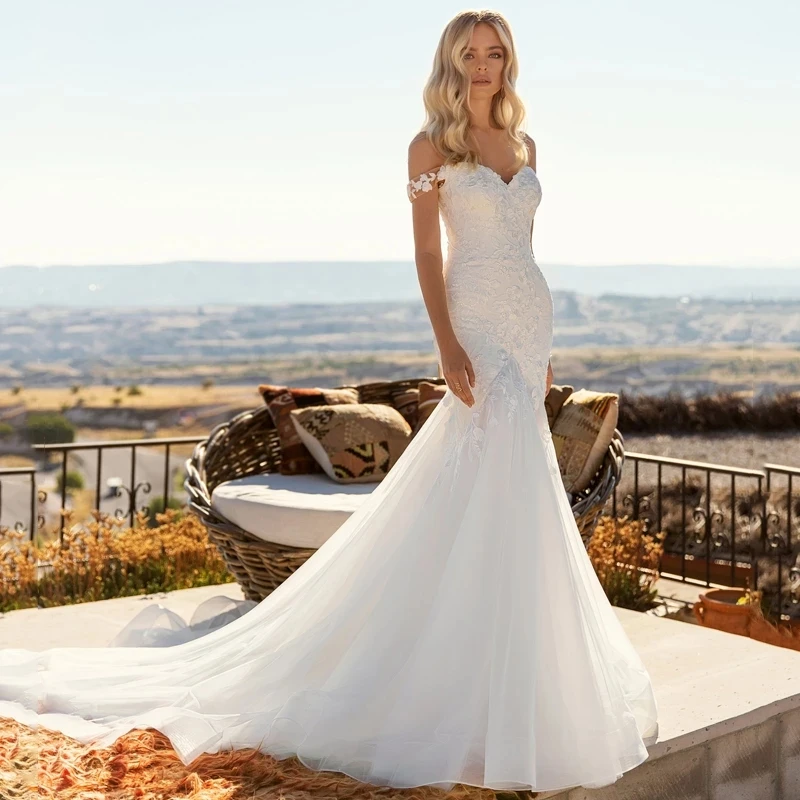 

HERBURNL Simple Off the Shoulder White Bohemian Applique Long Beach Mermaid Wedding Gowns Dresses Fashion For Women