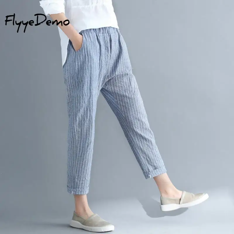 

Summer Oversized Pants Women Vintage Linen Fashion Ankle Length Harem Trousers Casual Elastic Waist Striped Pants Plus Size 4XL