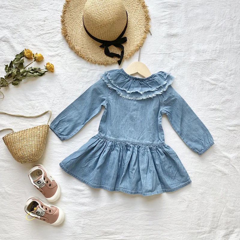 Милое Новое Осеннее теплое платье для маленьких девочек джинсовые однотонные