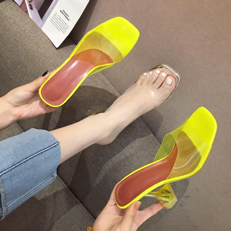 

Slippers Women Summer Luxury 2021 New Sexy Transparent High Heels Pointed Toe Fashion Muller Sandals Plus Size Chaussure Femme
