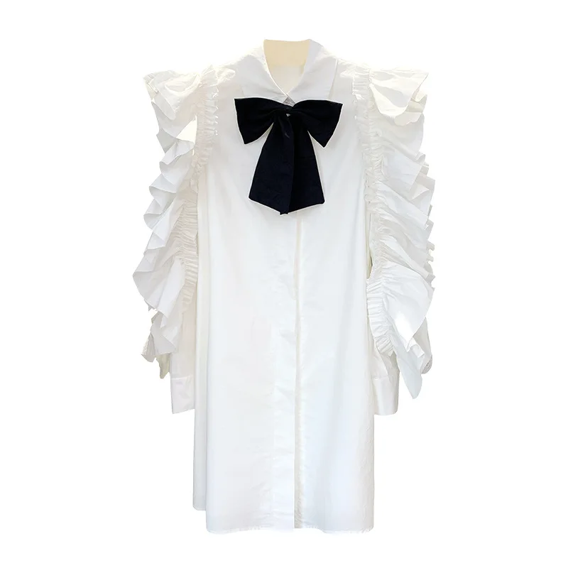 

Age-reducing college style design literary ruffled sleeve shirt skirt bowknot white dress