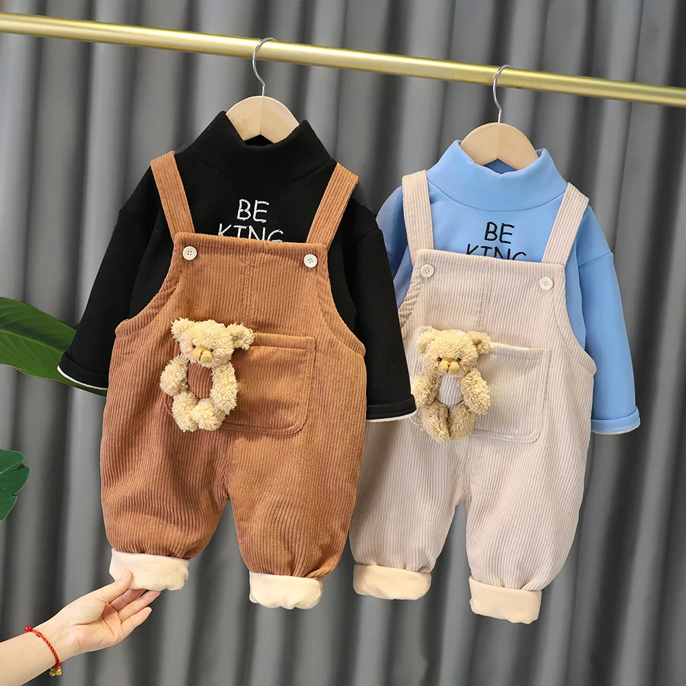 

0-4 Years Old Children's Boy Clothes Winter Cartoon Bear Print Cotton Tops Girls Plus Velvet Thickening Baby Two-piece Suit
