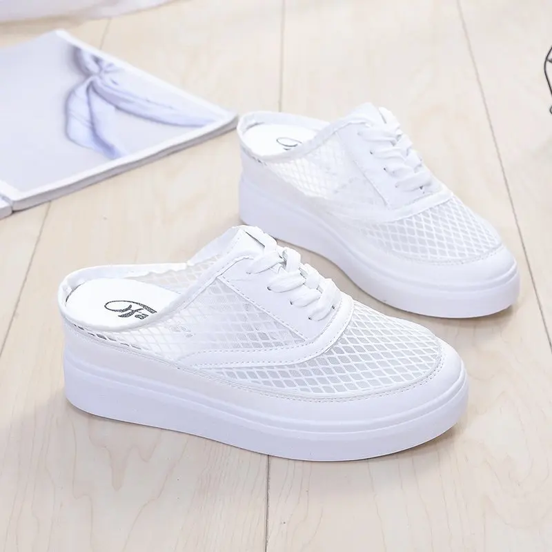

Shoes Woman 2021 Cover Toe Female Slippers Low Increased Internal Loafers New Summer Slides Hoof Heels PU Fabric Fretwork Basic