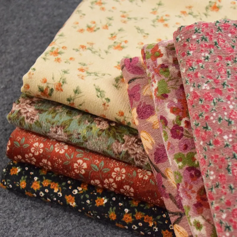 

Half Meter New Design Autumn Winter Pastoral Flower Print Corduroy Fabric For Dress Shirt Coat Face Shoe Surface T1788
