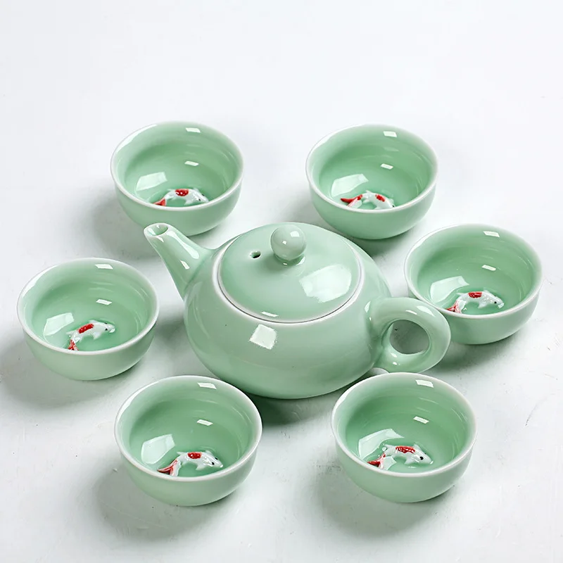 teapot set Керамический Китайский чайный горшок кунг-фу, набор с 6 чашками, винтажная приподнятая рыба фарфор, китайский чайный набор, посуда, чайник для путешествий - Цвет: teapot set