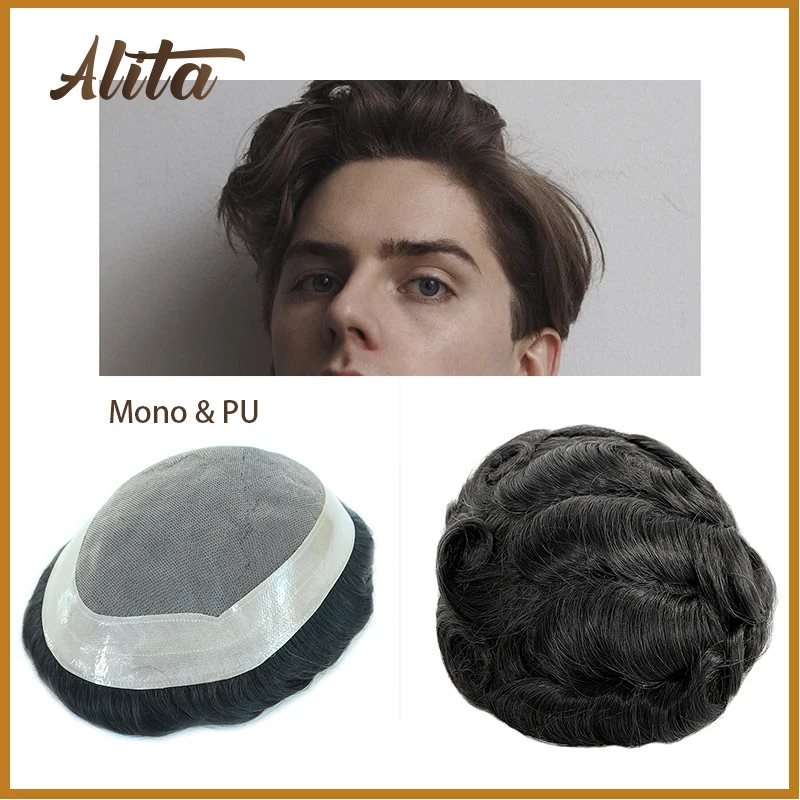 Men Toupee Mono PU Base Durable Men's Peruk Capillary Prosthesis Replacement System Natural Hairline Simulate Black Hairpieces