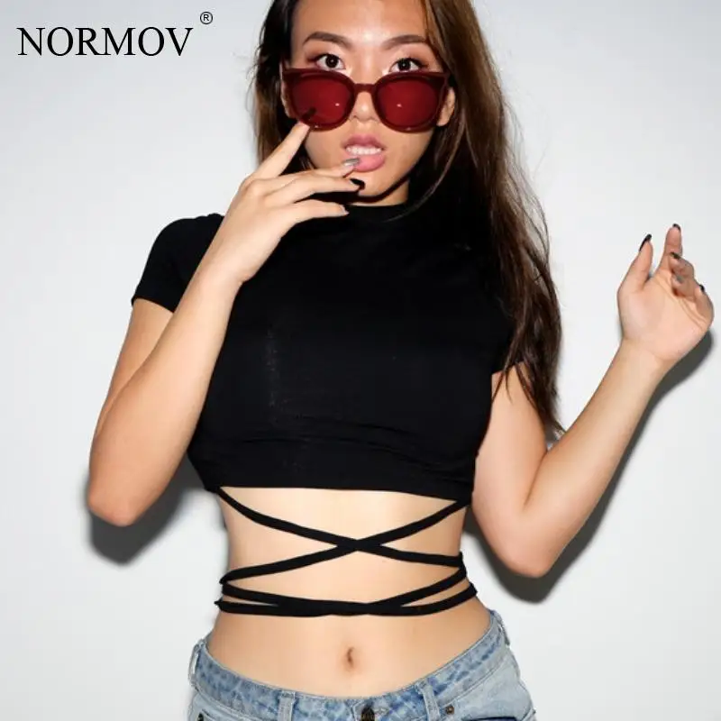 

Повседневная футболка NORMOV, однотонный кроп-топ с круглым вырезом, Женский пуловер, свитшот с боковым шнурком, белая футболка с рюшами, женск...