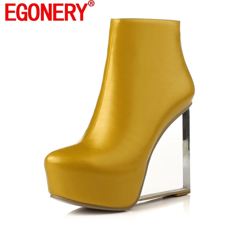 

EGONERY Genuine Leather Ankle Boots Winter New Style Round Toe Woman Shoes Platform Wedges Super High Heel Side Zipper Booties