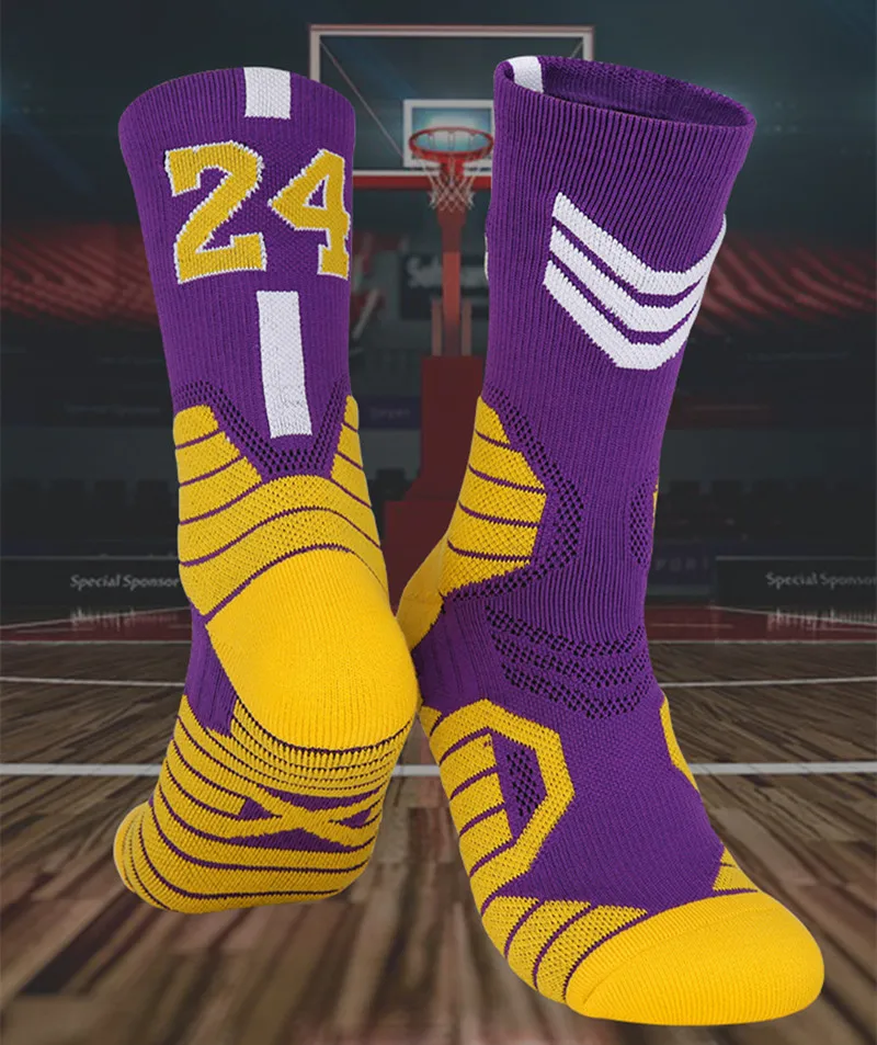 

3Pairs Basketball Player Thick Sport Crew Towel Socks Digital Adult Number The Lakes Non-Slip Comfortable Cycling Breathable