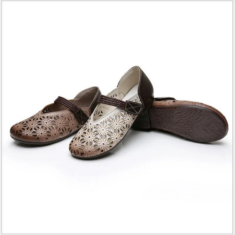 2021 New Genuine Leather Summer Shoes Woman Flats Hollow Hole Breathable Hook&Loop Casual Flat Shoes Comfortable Women Shoes